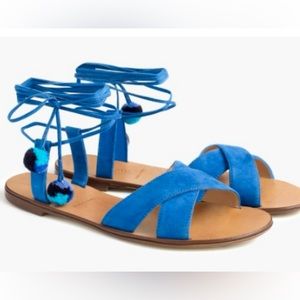 J. Crew Suede Pom Pom Sandals - long lace ankle wrap, size 6, bright grotto blue